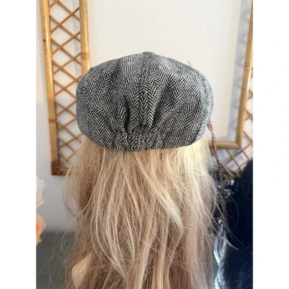Newsboy Paper Boy Baker Boy Cap Gray Herringbone Tweed Hat Unisex OS Vintage - Picture 9 of 16